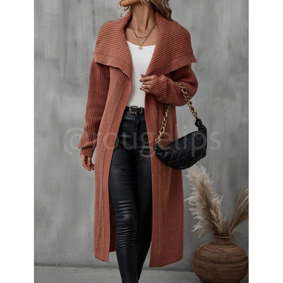 Knit Coat Style Duster Cardigan Belted Long Sleeve in Brown - Picture 6 of 8